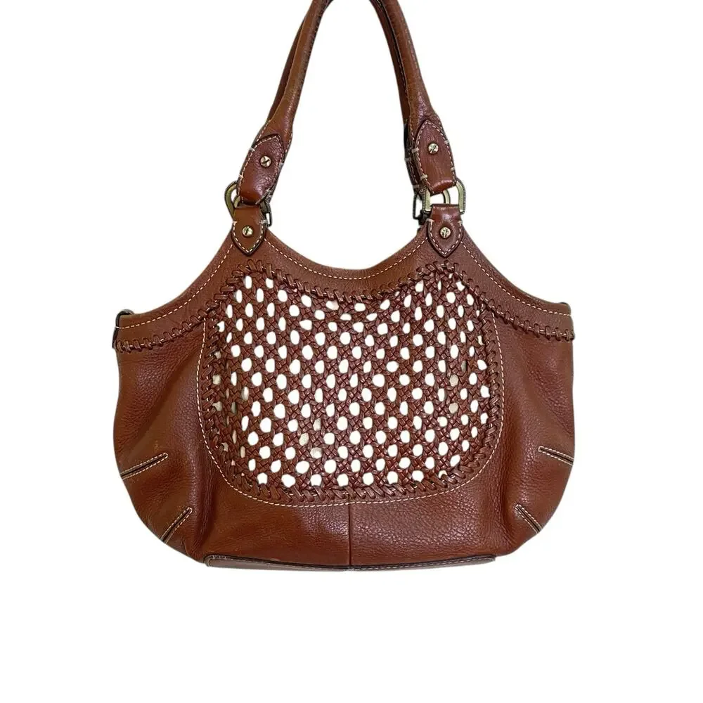 Cole Haan Paige Brown Crochet Woven Leather Double Handle Hobo Bag Purse